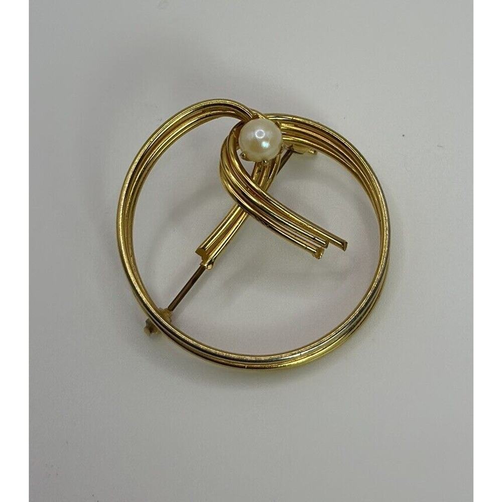 Vintage Gold Tone Round Faux Pearl Circl Brooch Pin